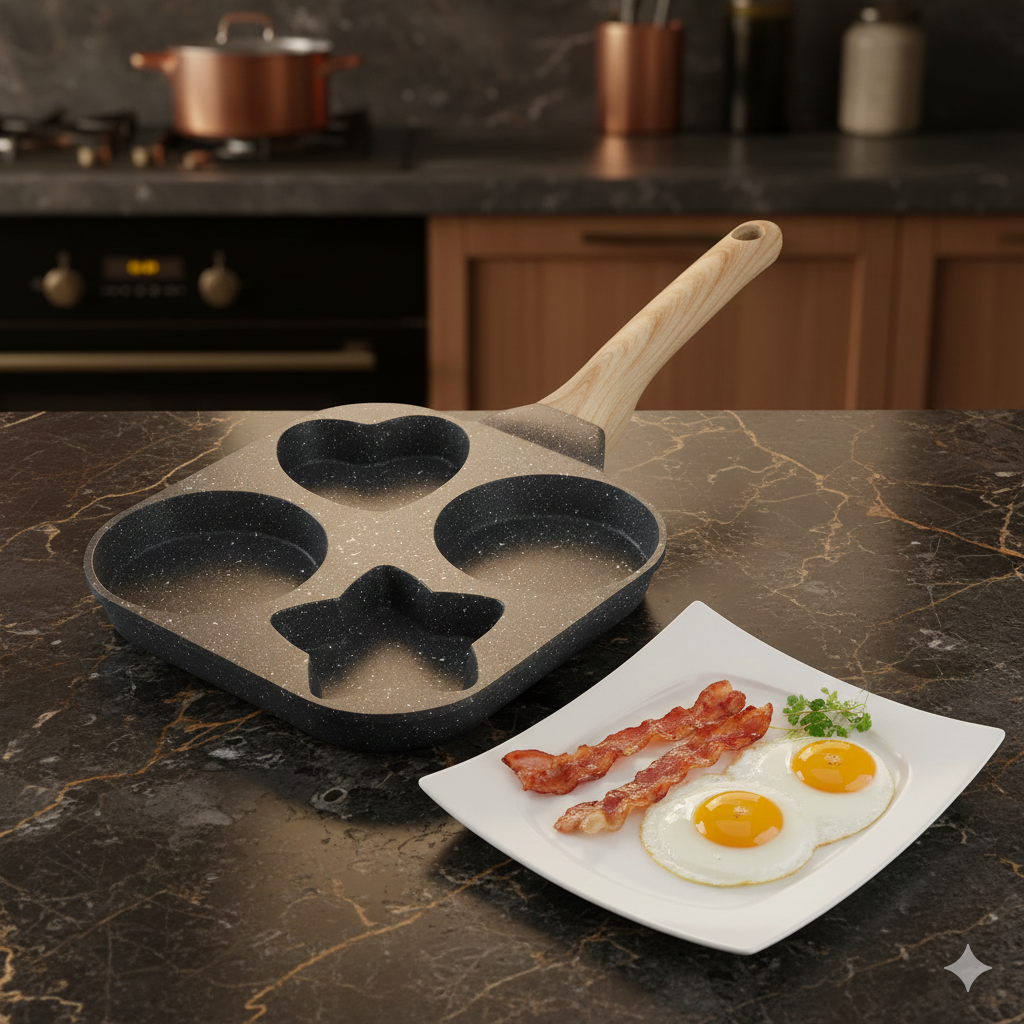 SYNMORE Multi-Functional Breakfast Frying Pan - 4-Hole Non-Stick Pan for Eggs, Pancakes, and More (Heart, Star, Circle Shapes)