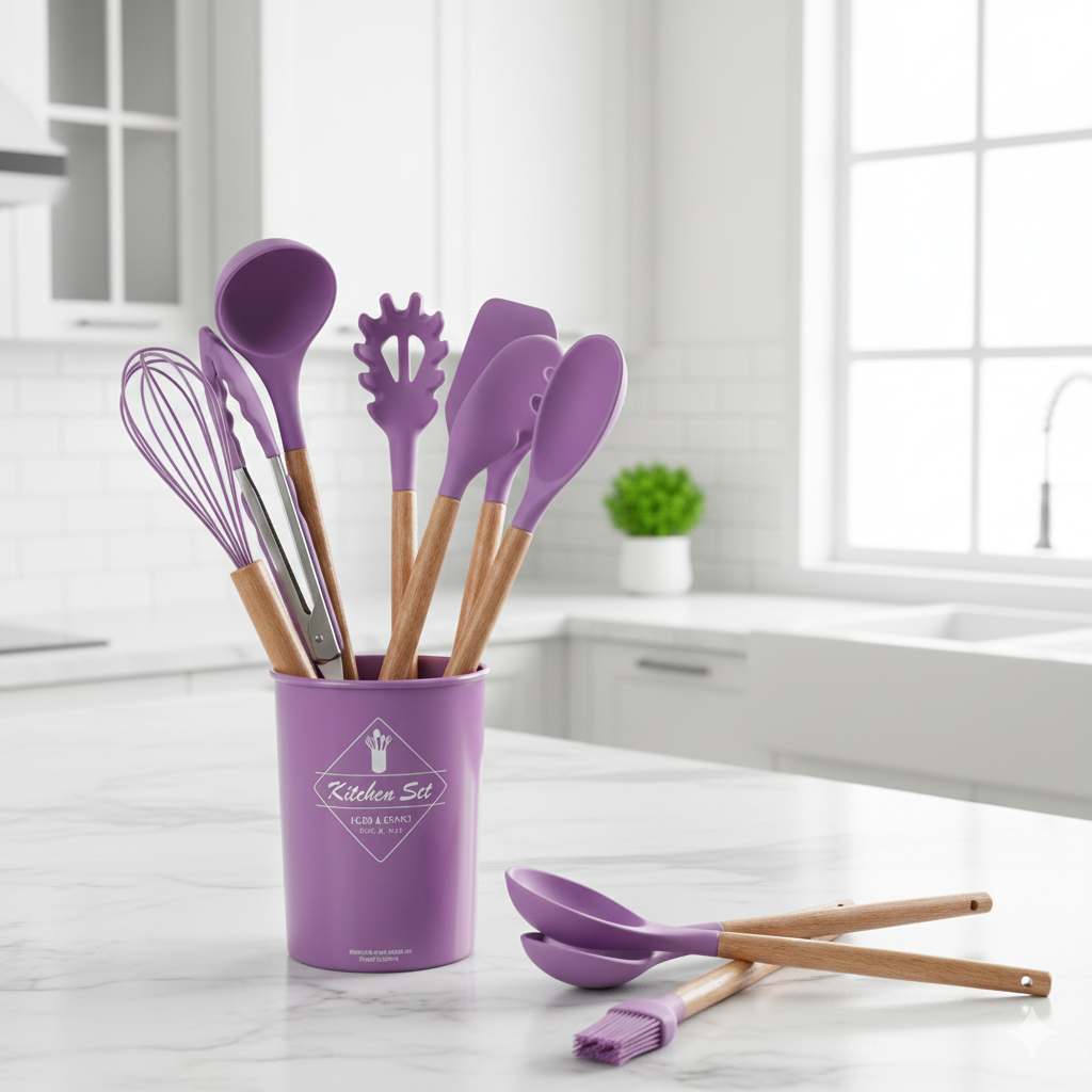 12-Piece Premium Silicone & Wood Kitchen Utensil Set with Storage Holder - Non-Stick Cooking Tools