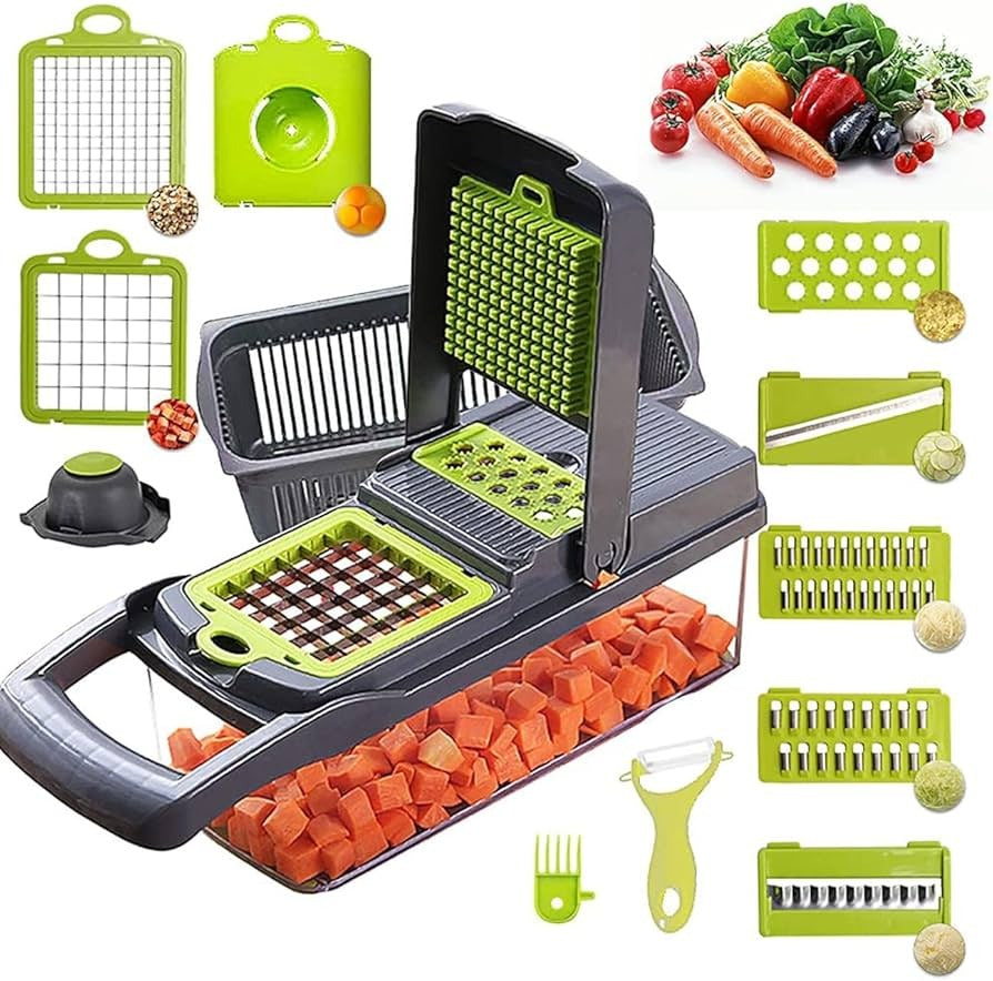 Kitchen Ideas 16 PCS Veggie Slicer & Chopper Set | Multifunction Vegetable Cutter Mandoline | Onion Potato Carrot Tomato Cheese Grater Kitchen Tool+( Free Spark Lighter & Knife. Worth Rs. 999.)