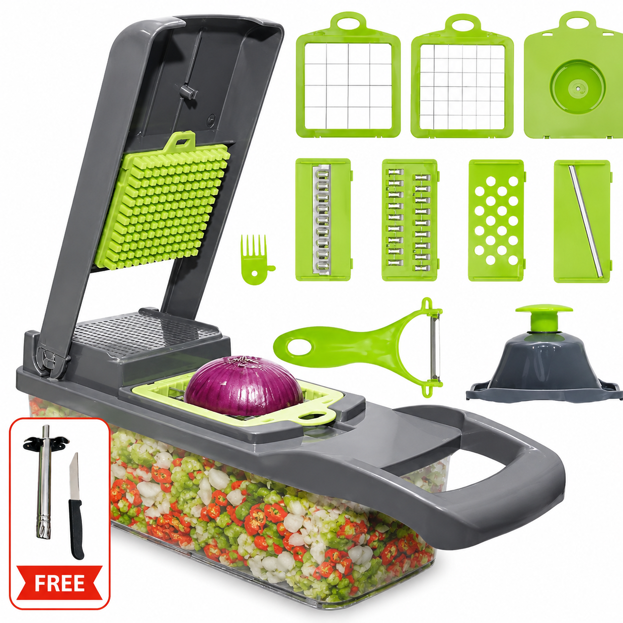 Kitchen Ideas 16 PCS Veggie Slicer & Chopper Set | Multifunction Vegetable Cutter Mandoline | Onion Potato Carrot Tomato Cheese Grater Kitchen Tool+( Free Spark Lighter & Knife. Worth Rs. 999.)