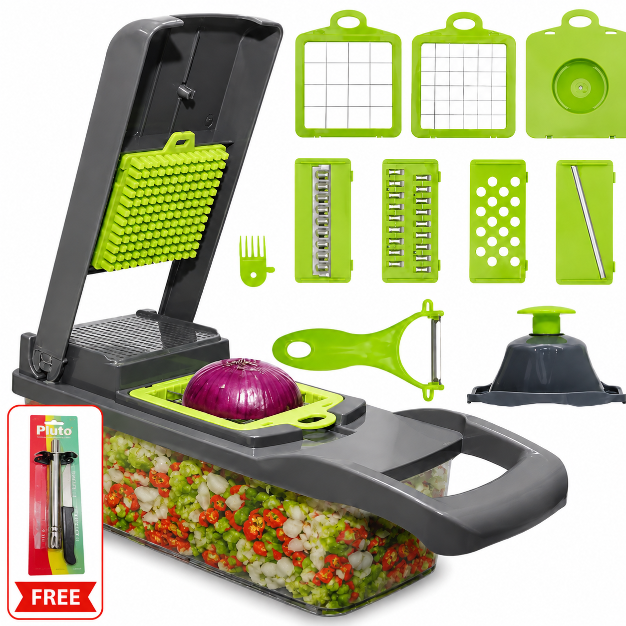 Kitchen Ideas 16 PCS Veggie Slicer & Chopper Set | Multifunction Vegetable Cutter Mandoline | Onion Potato Carrot Tomato Cheese Grater Kitchen Tool+( Free Spark Lighter & Knife. Worth Rs. 999.)