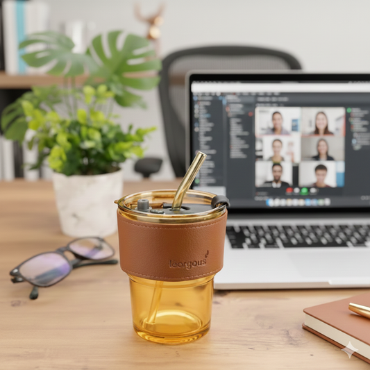 Coffee Or Tea Mug Cup With Drinking Straw Lid and PU Leather Sleeve