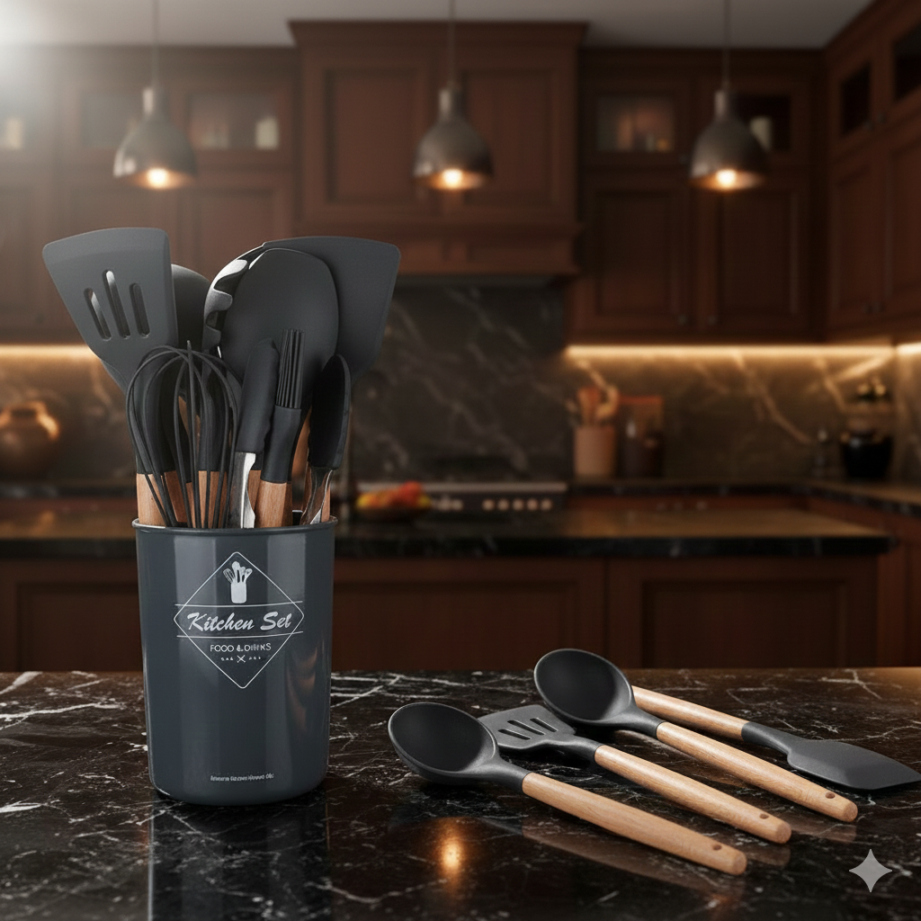 12-Piece Silicone Kitchen Utensil Set with Wooden Handles