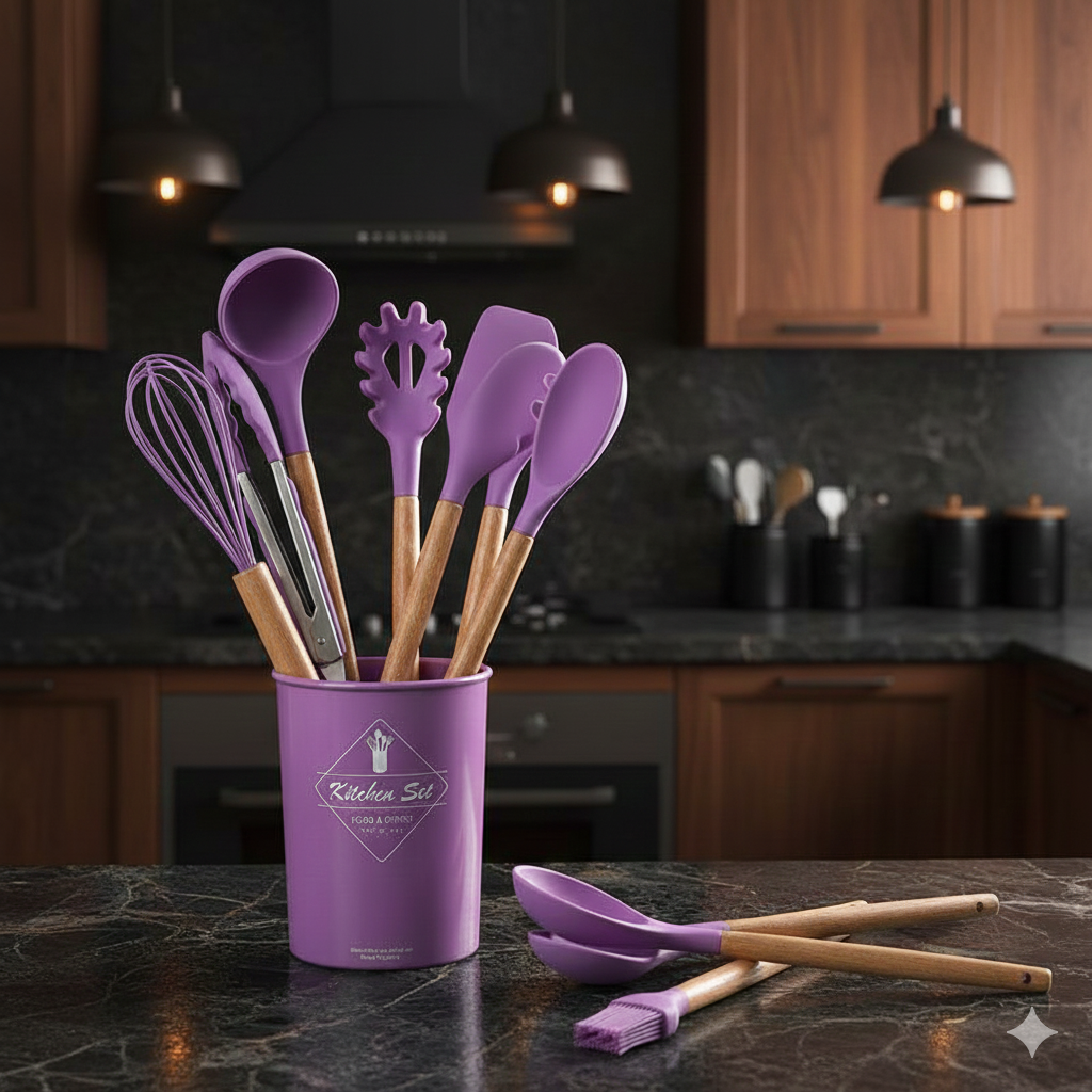 12-Piece Premium Silicone & Wood Kitchen Utensil Set with Storage Holder - Non-Stick Cooking Tools