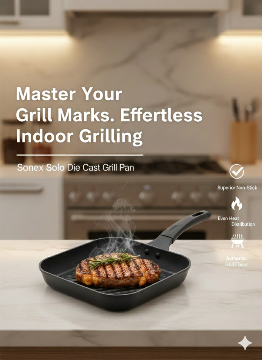 Sonex Solo Die Cast Square Grill Pan (24cm) - Non-Stick Cookware with Kerma Technology