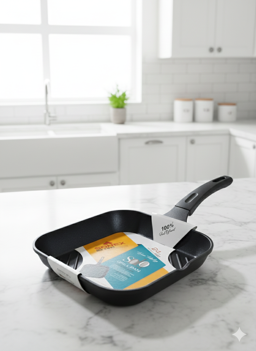 Sonex Solo Die Cast Square Grill Pan (24cm) - Non-Stick Cookware with Kerma Technology