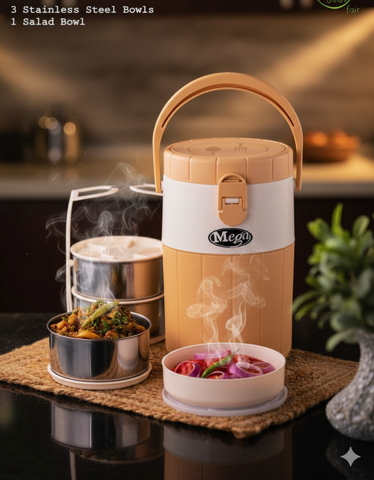 Mega 4-Layer Insulated Lunch Carrier with 3 Stainless Steel Bowls & 1 Salad Bowl
