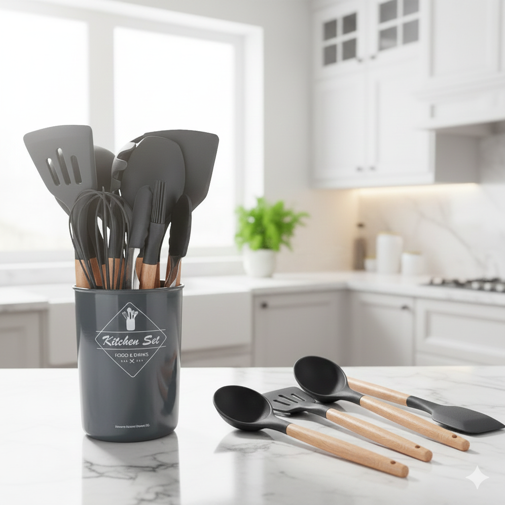 12-Piece Silicone Kitchen Utensil Set with Wooden Handles