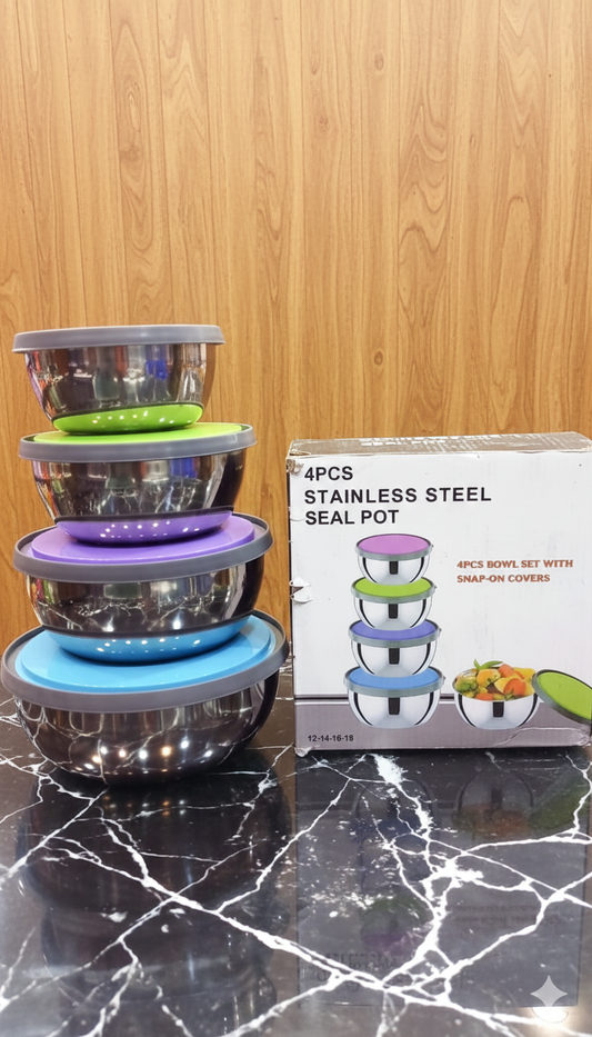 4.Pieces Stainless Steel Mixing & Storage Bowl Set With Colourful Snap-On Lids