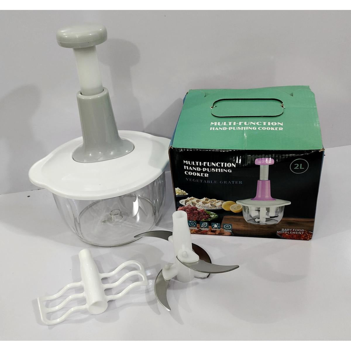 2 Ltr Manual Food Chopper Multi-Functional Vagetable Hand-Powered Chopper Stainless Steel Bladle Onion and Garlic Compact Kitchen Push Chopper