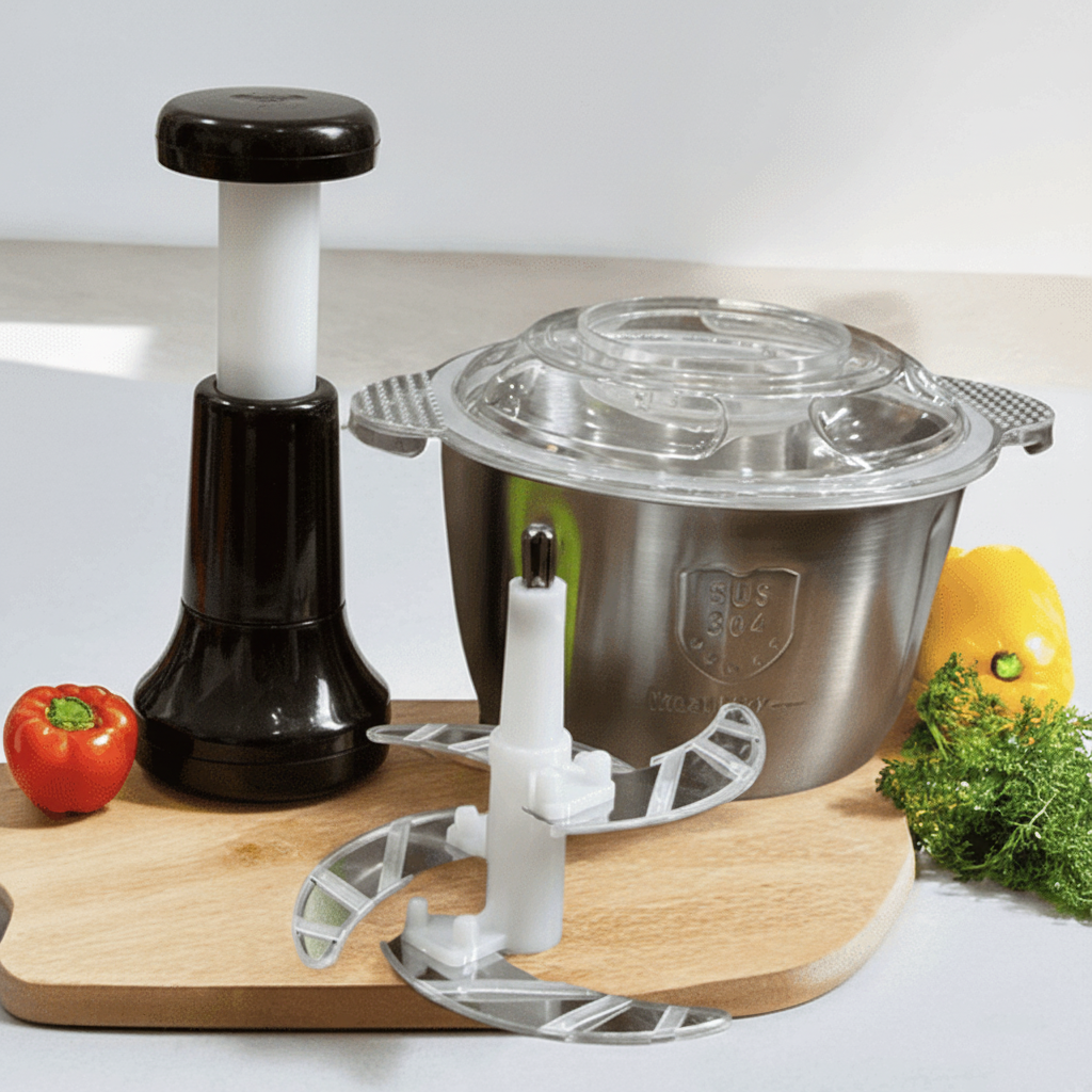 Manual 2L Stainless Steel Food Chopper 4 Curved Blades Hand Push Vegetable Meat Cutter Portable Processor Bowl Easy Clean Kitchen Multi Use