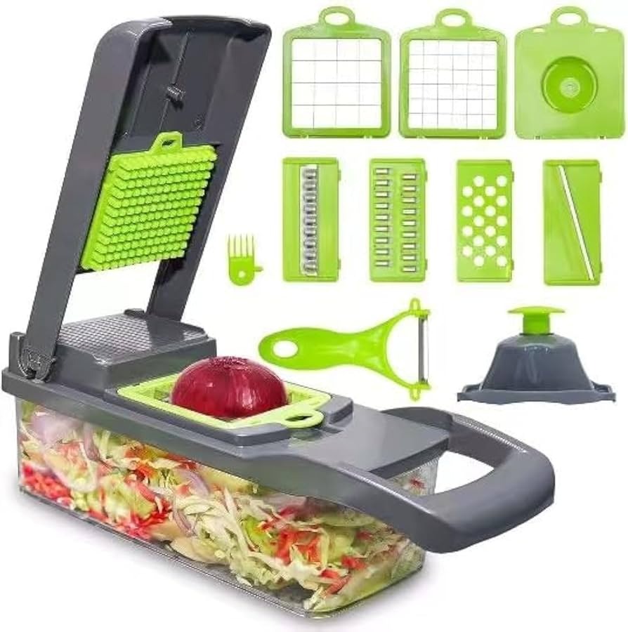 Kitchen Ideas 16 PCS Veggie Slicer & Chopper Set | Multifunction Vegetable Cutter Mandoline | Onion Potato Carrot Tomato Cheese Grater Kitchen Tool+( Free Spark Lighter & Knife. Worth Rs. 999.)