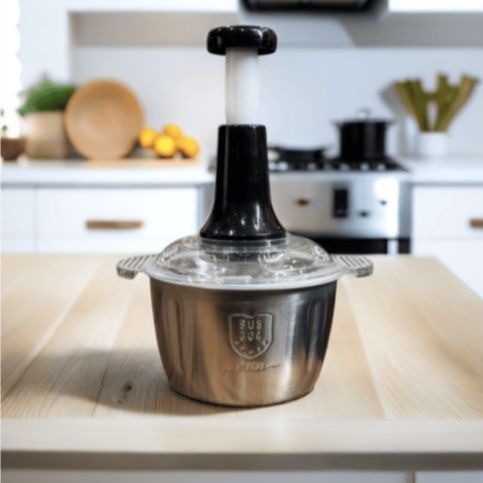 Manual 2L Stainless Steel Food Chopper 4 Curved Blades Hand Push Vegetable Meat Cutter Portable Processor Bowl Easy Clean Kitchen Multi Use