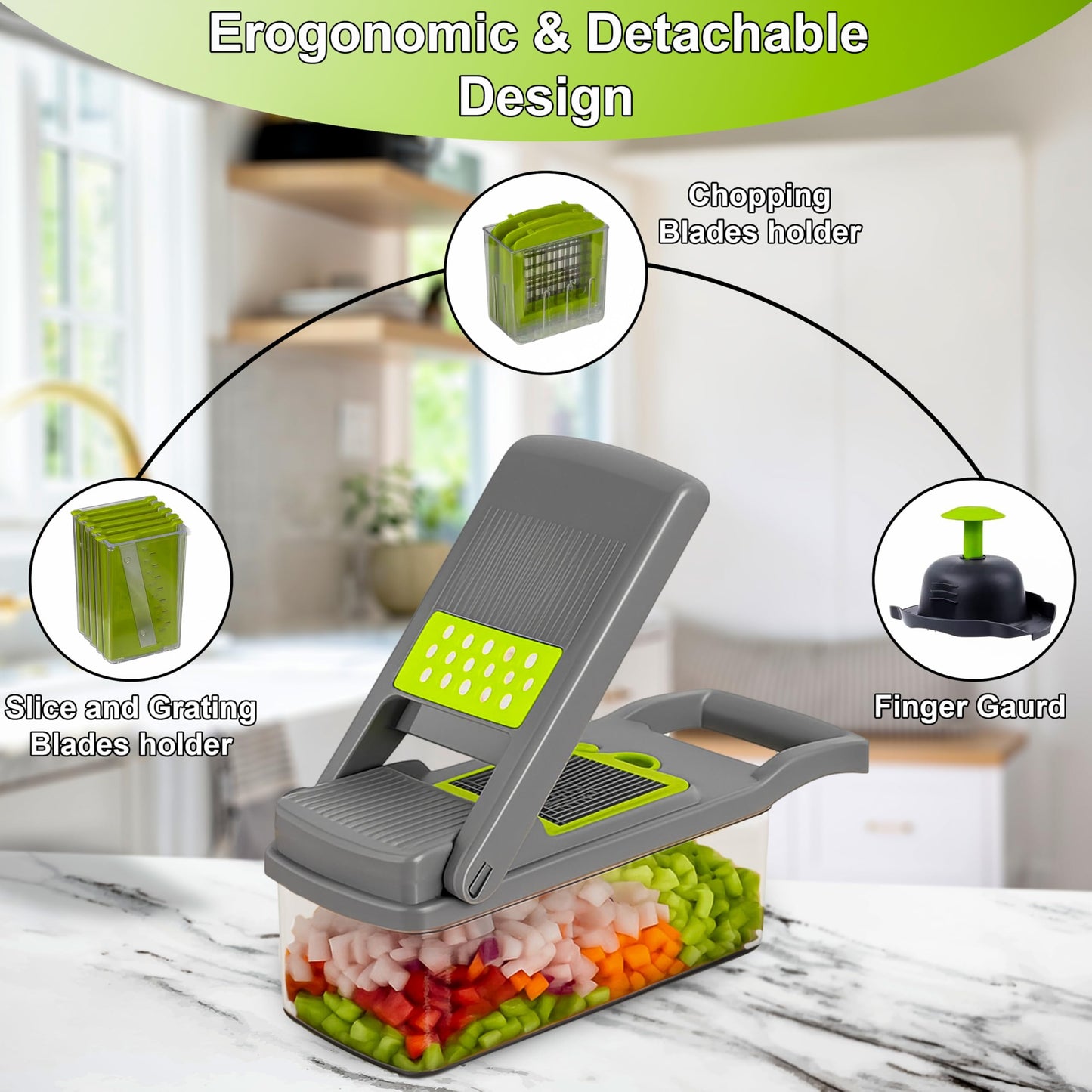 Kitchen Ideas 16 PCS Veggie Slicer & Chopper Set | Multifunction Vegetable Cutter Mandoline | Onion Potato Carrot Tomato Cheese Grater Kitchen Tool+( Free Spark Lighter & Knife. Worth Rs. 999.)